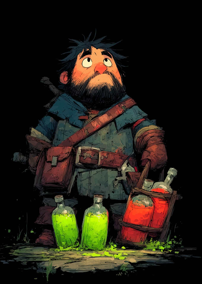 Cartoon Alchemist with Potions