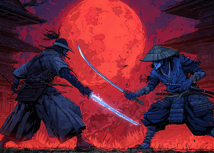 Samurai Duel Under a Red Moon