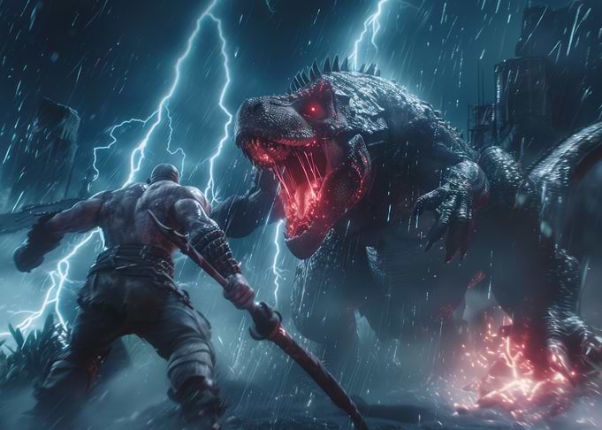 Warrior versus T-Rex in Storm