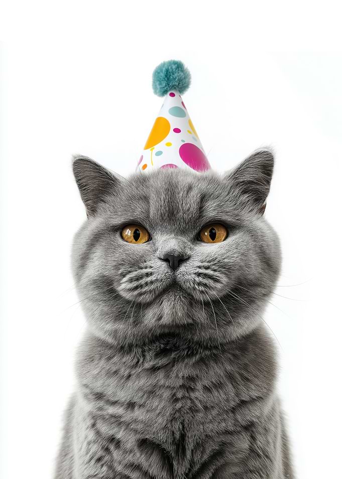 British Shorthair Cat with Party Hat