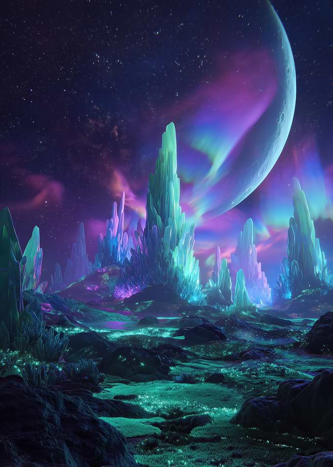 Alien Crystal Landscape with Nebula