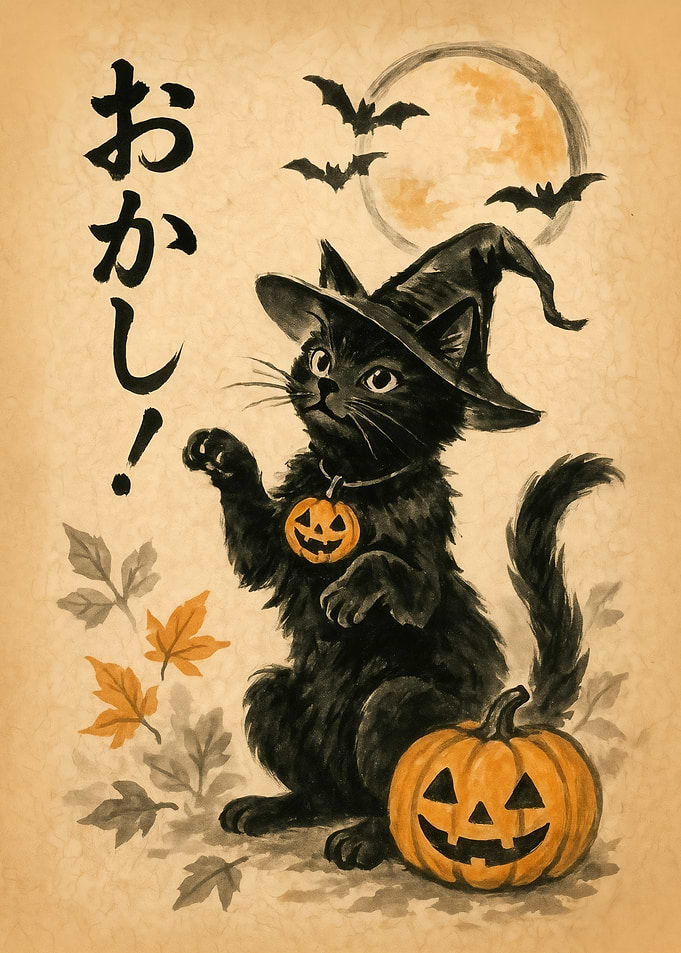 Black Cat Halloween Pumpkin Japanese Art