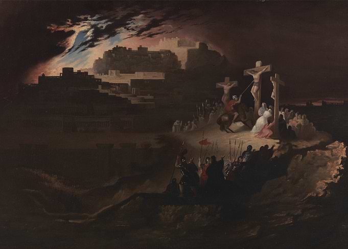 The Crucifixion painting with dark atmosphere