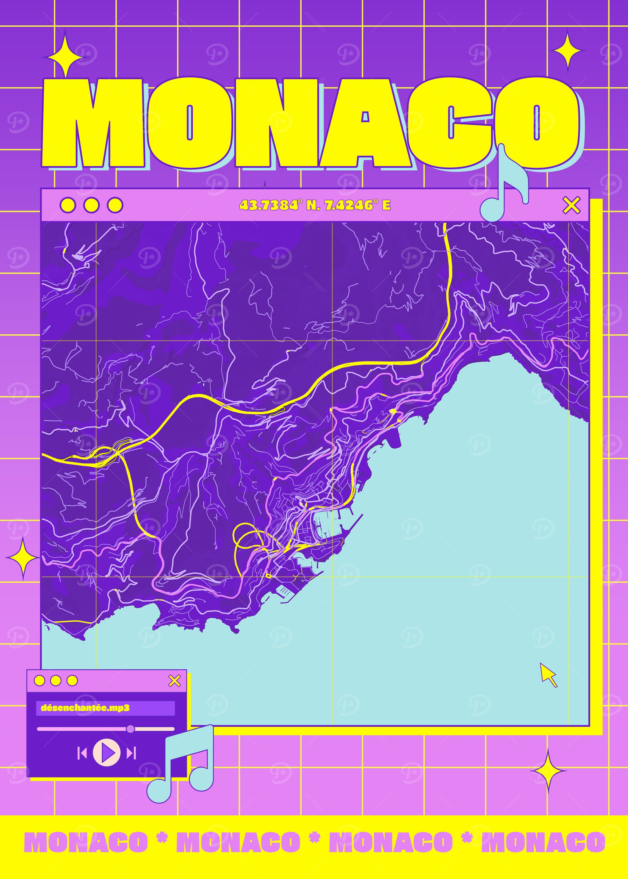 Monaco Map Retro Aesthetic