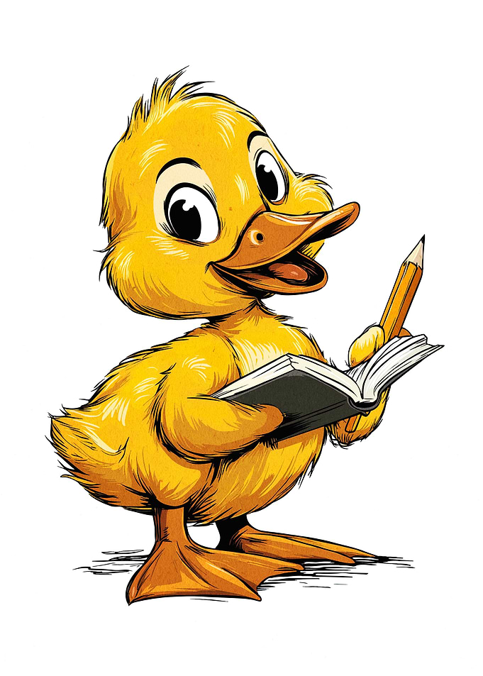 Cartoon Duckling with Book and Pencil