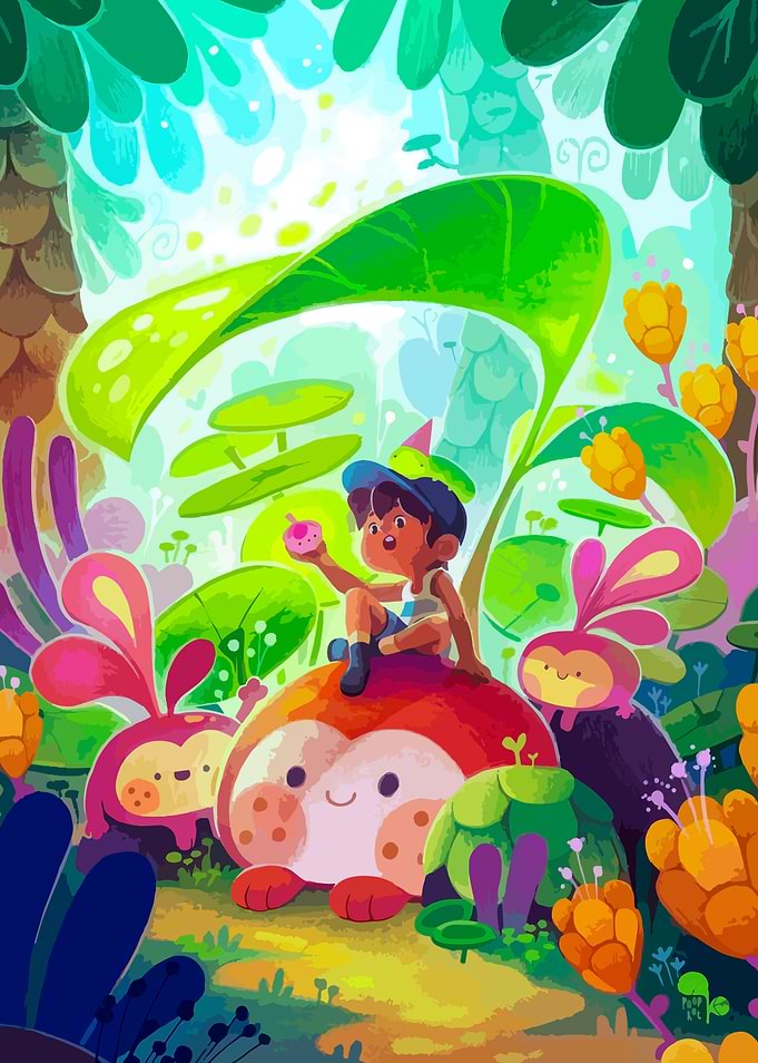 Boy with donut in fantasy forest