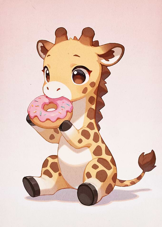 Cute Giraffe Eating Donut