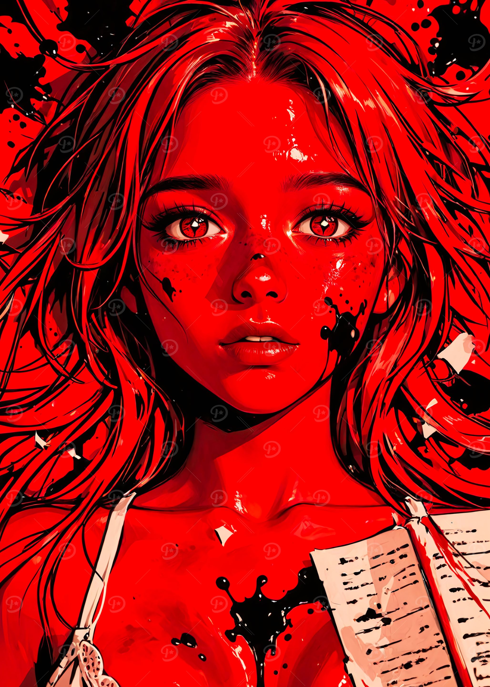 Red Portrait with Black Splatters