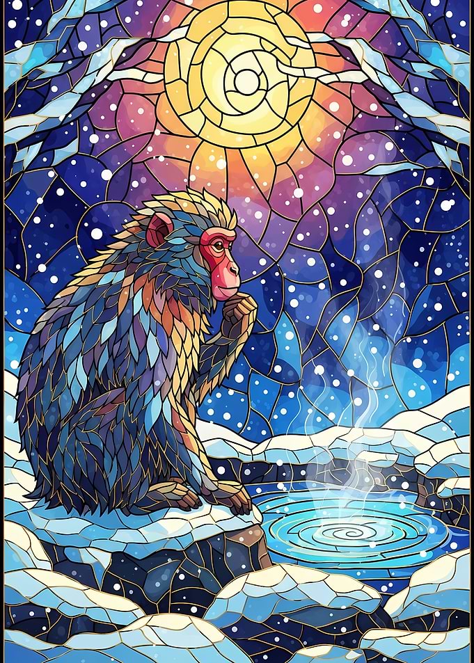 Stained Glass Monkey in Winter Landscape