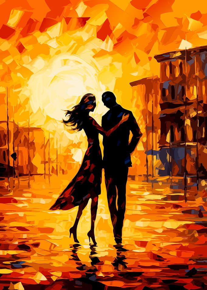 Romantic Couple in Cityscape Painting