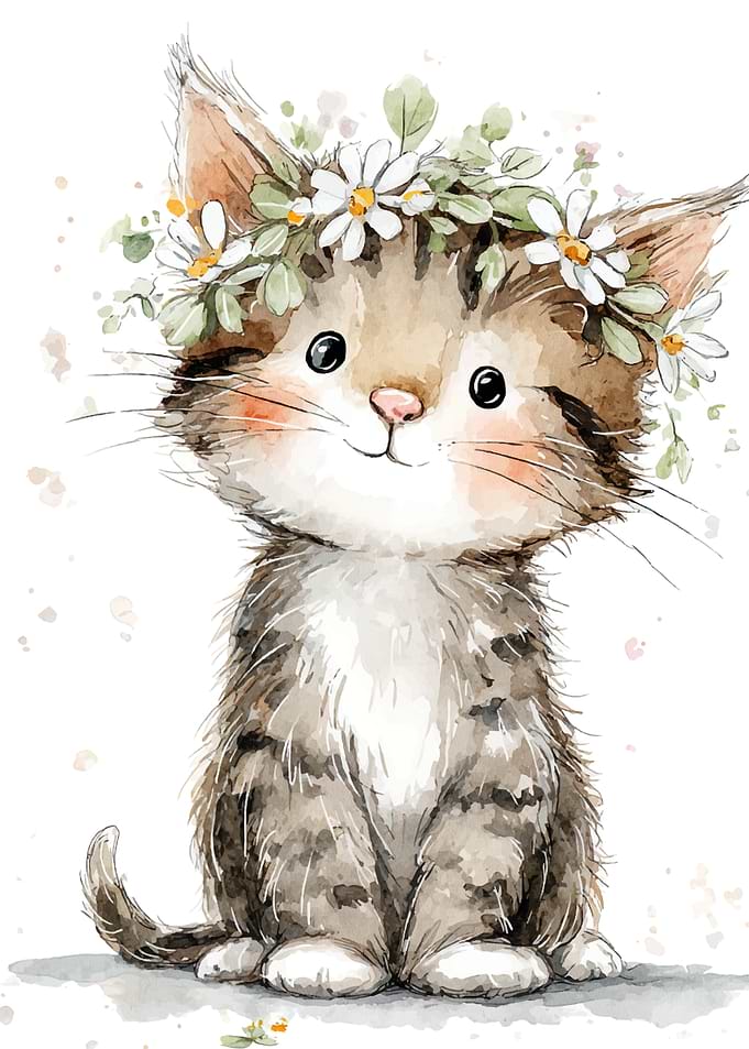 Cute Kitten with Flower Crown Watercolor