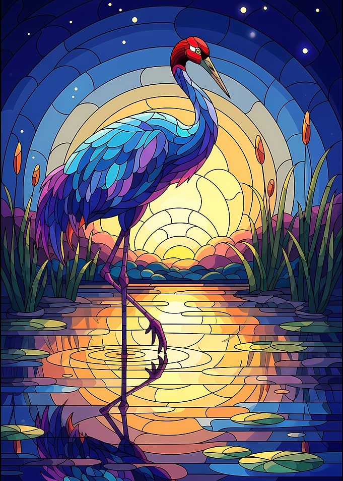 Stained Glass Crane at Sunset