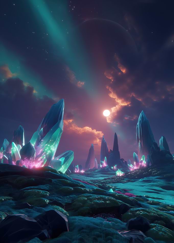 Crystal Landscape with Aurora Sky