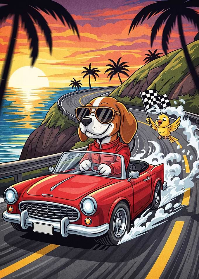 Dog driving convertible