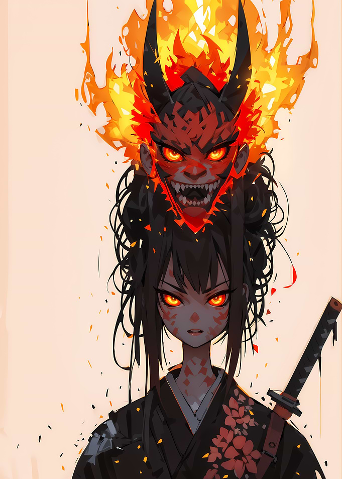 Fiery Oni Girl with Katana