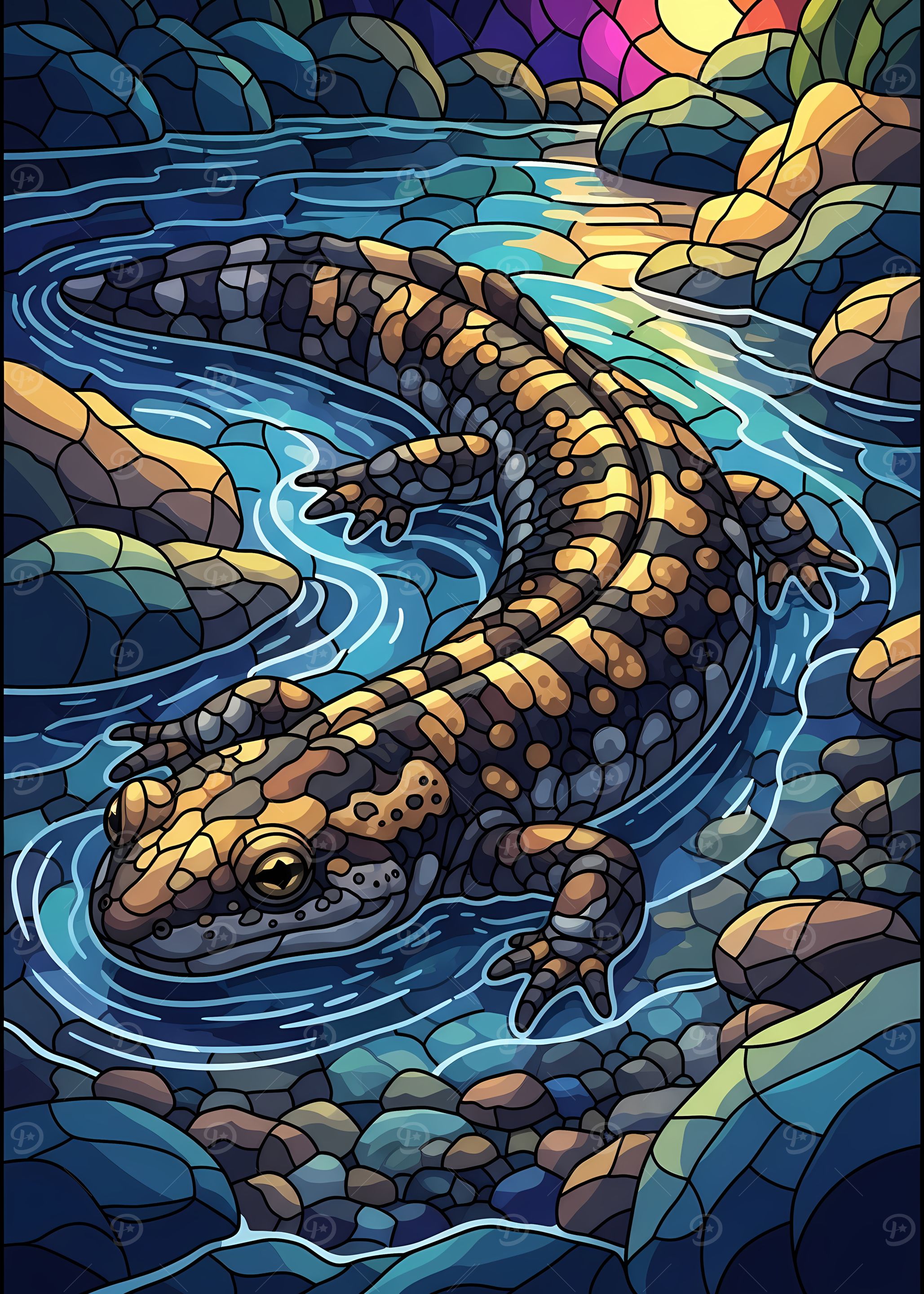 Salamander in Stream Stained Glass Style