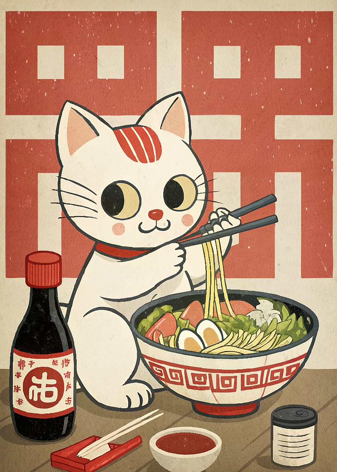 Cat Eating Ramen
