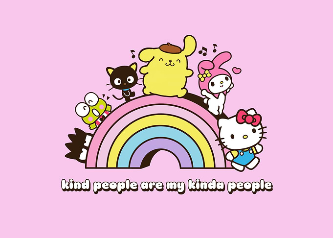 sanrio characters on rainbow with text