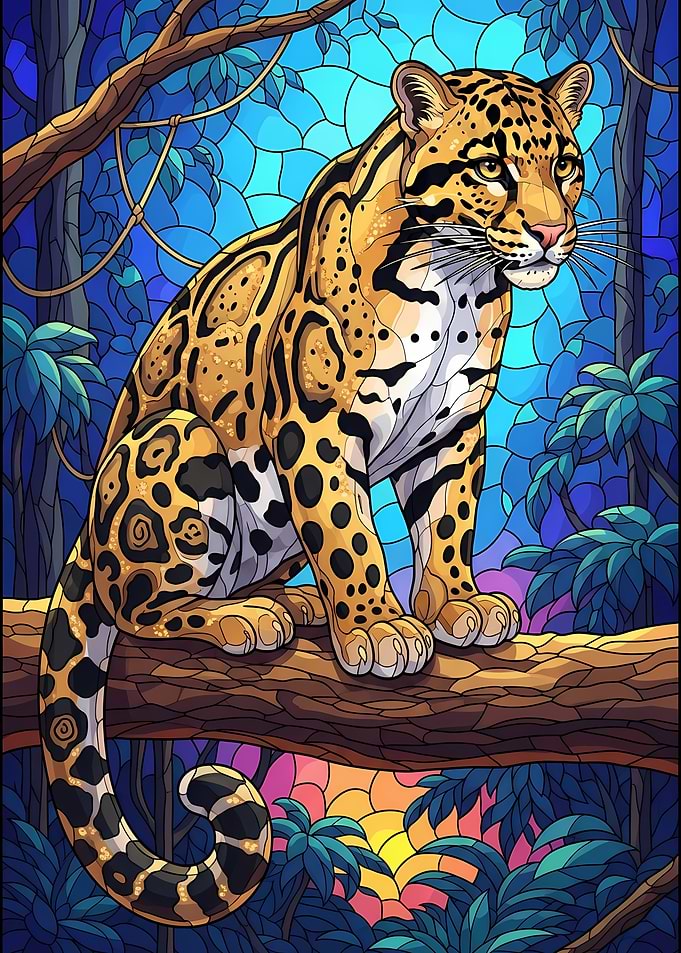 Clouded Leopard in Jungle Stained Glass