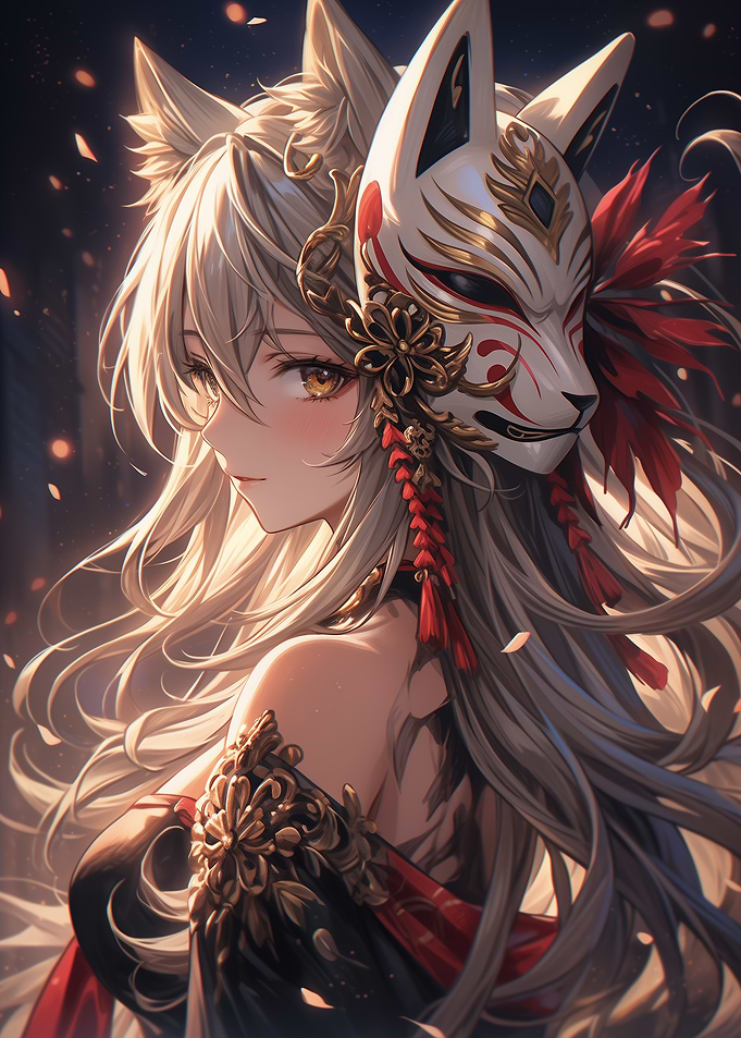 Anime Samurai Girl with Kitsune Mask