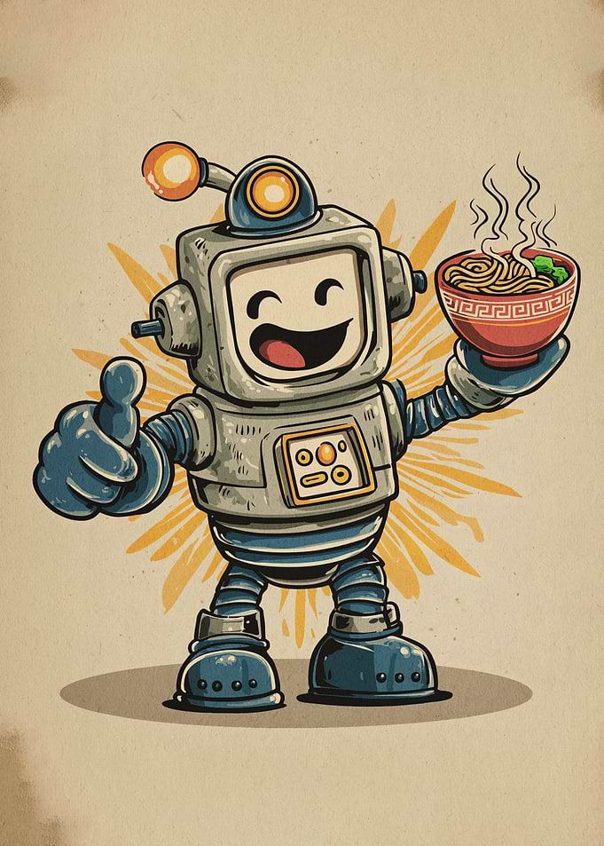 Robot with Ramen Bowl Illustration