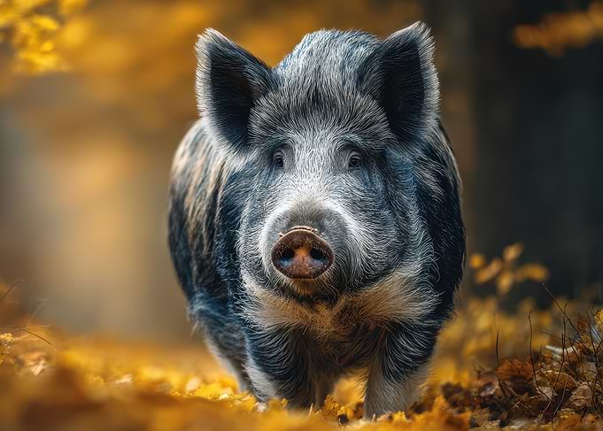 Wild Boar Portrait in Autumn Forest