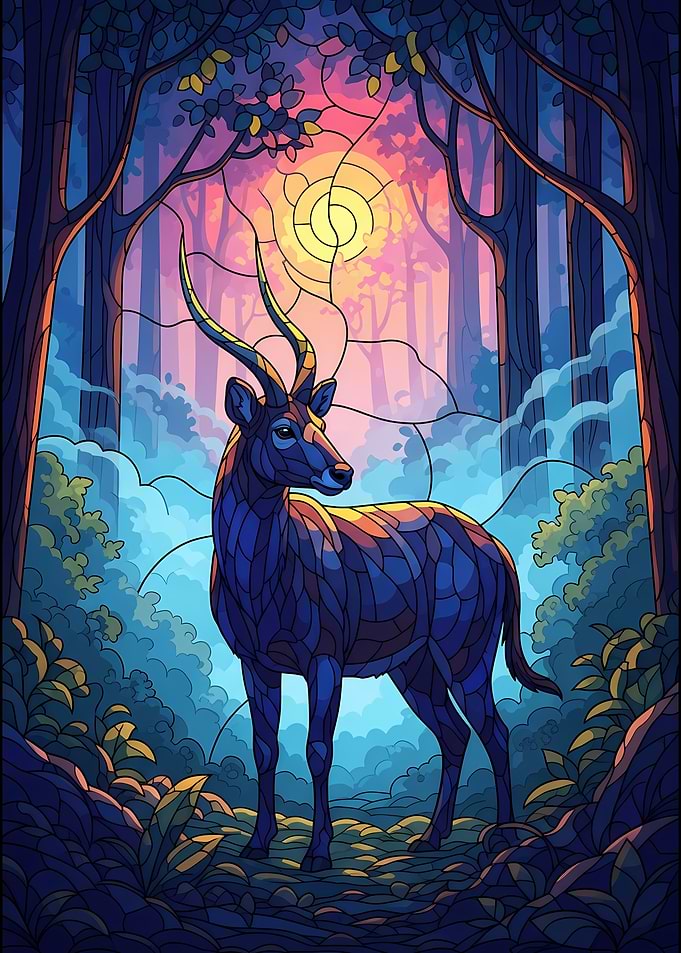 Stained Glass Deer in Forest