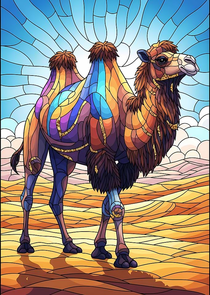 Stained Glass Camel in Desert Landscape