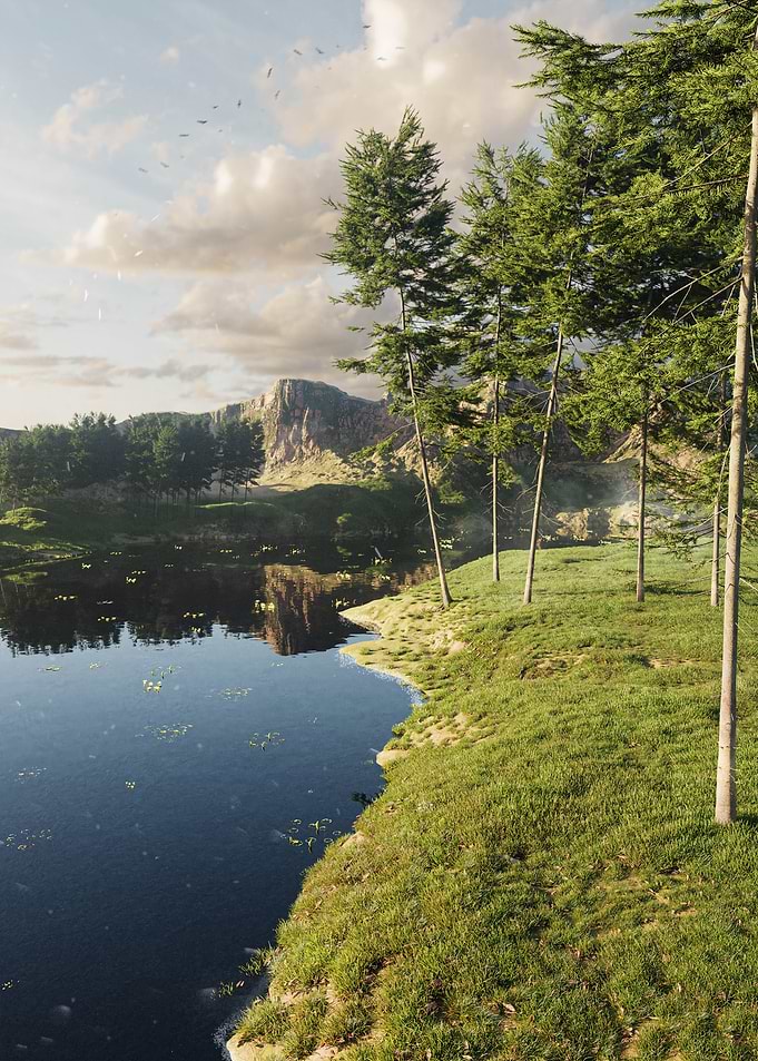 Serene Lakeside Landscape with Mountain Backdrop
