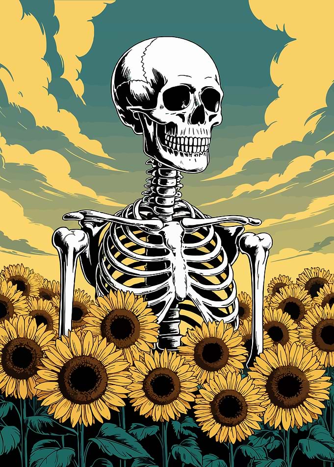 Skeleton in Sunflower Field Illustration