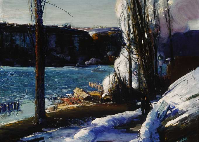 Winter Landscape Painting with River View