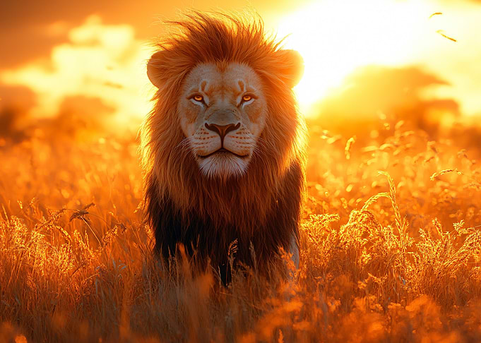 Lion in Golden Field at Sunset