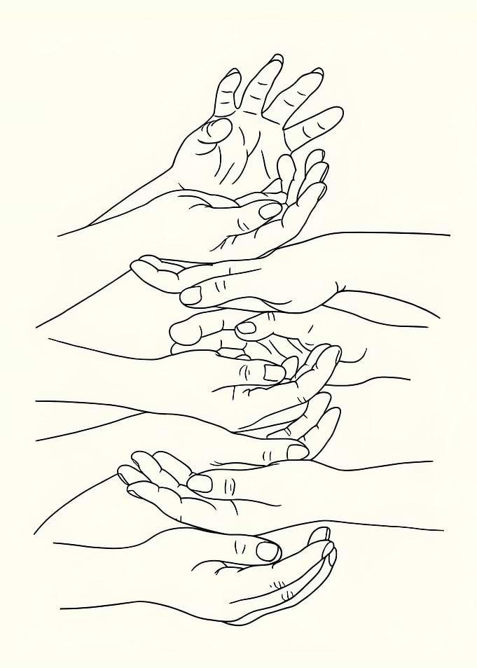 Minimalist Line Art Many Hands Reaching