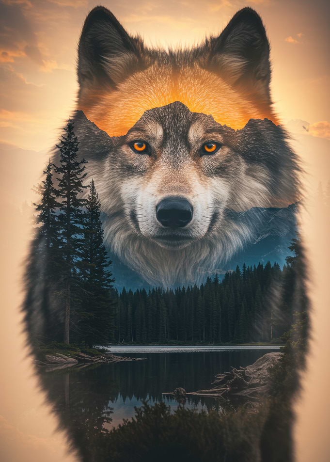 Wolf and Landscape Double Exposure