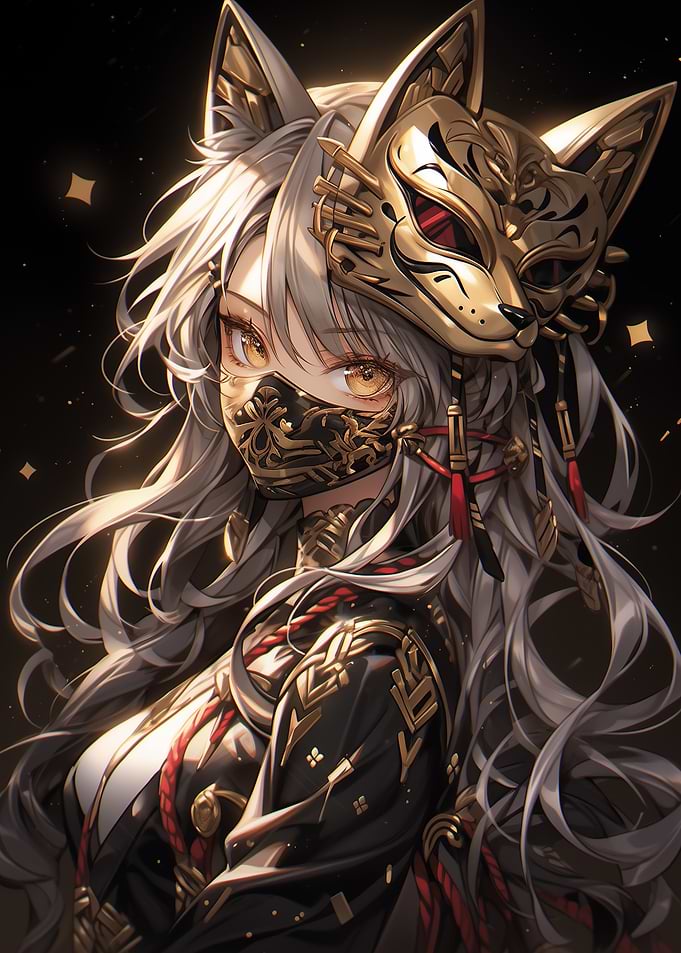 Anime Samurai Girl with Fox Mask