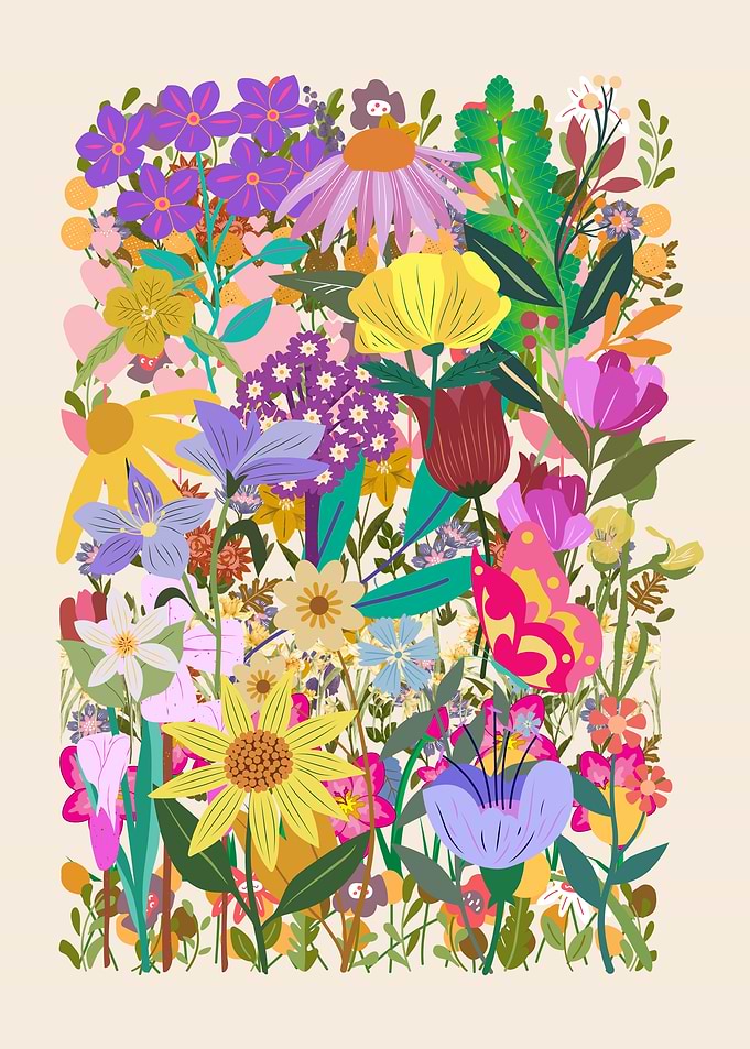 Colorful Floral Illustration with Butterfly