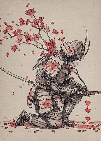 Samurai with Cherry Blossoms and Hearts