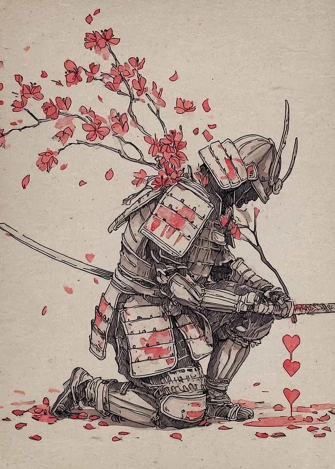 Samurai with Cherry Blossoms and Hearts