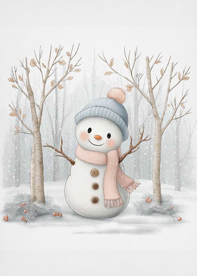 Cute Snowman in Winter Forest Scene