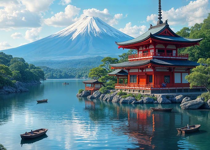Japanese Pagoda with Mount Fuji View