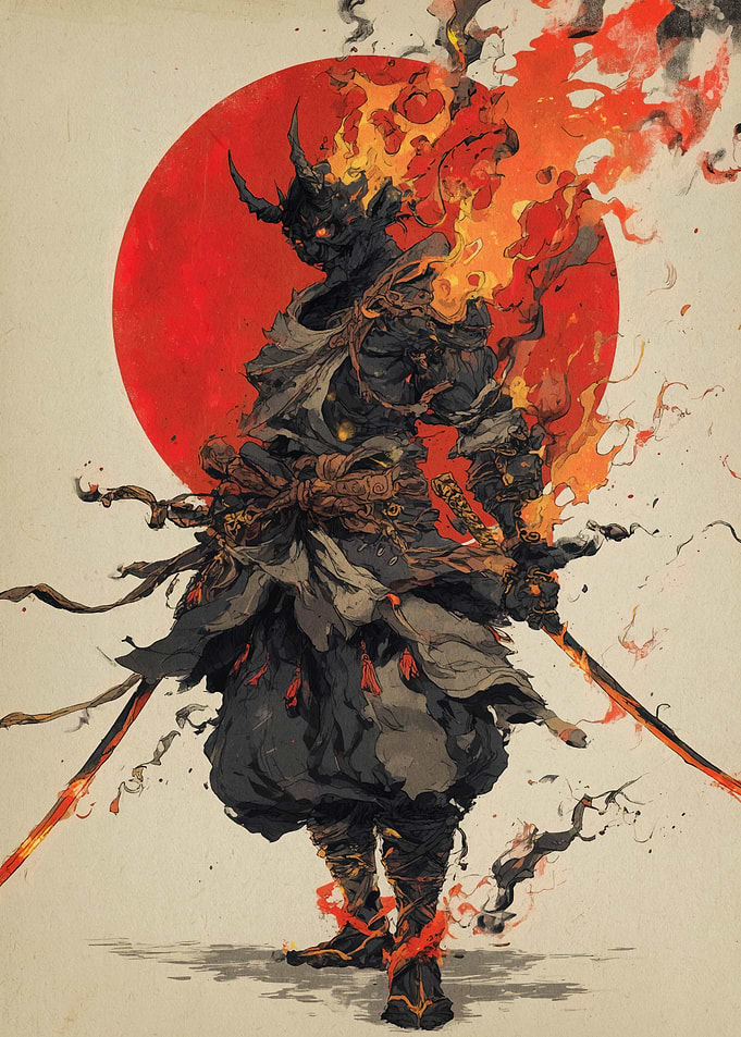 Fiery Samurai Warrior with Red Sun