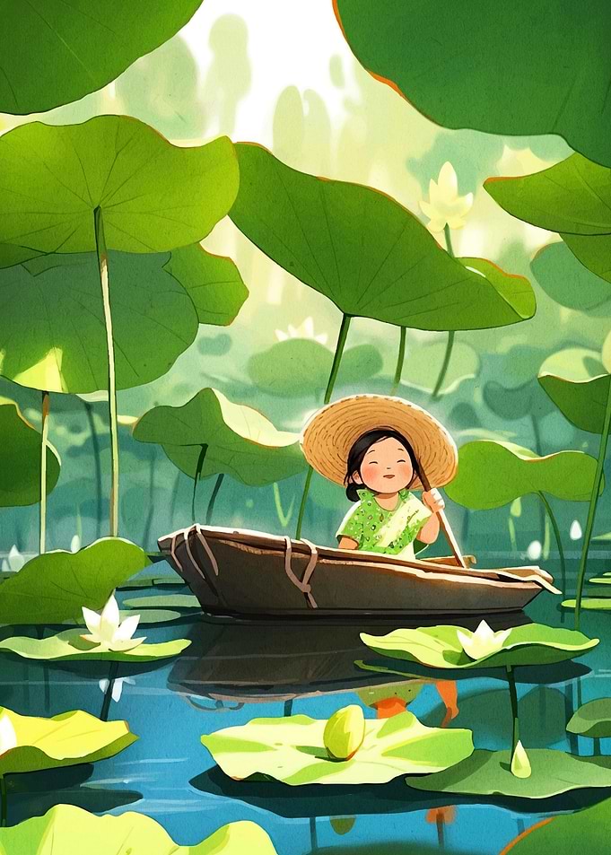 Girl Boat Among Lotus Pads