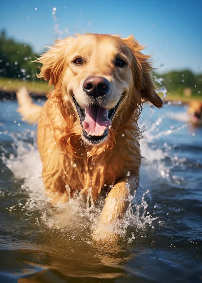 Golden Retriever Splashing in Water