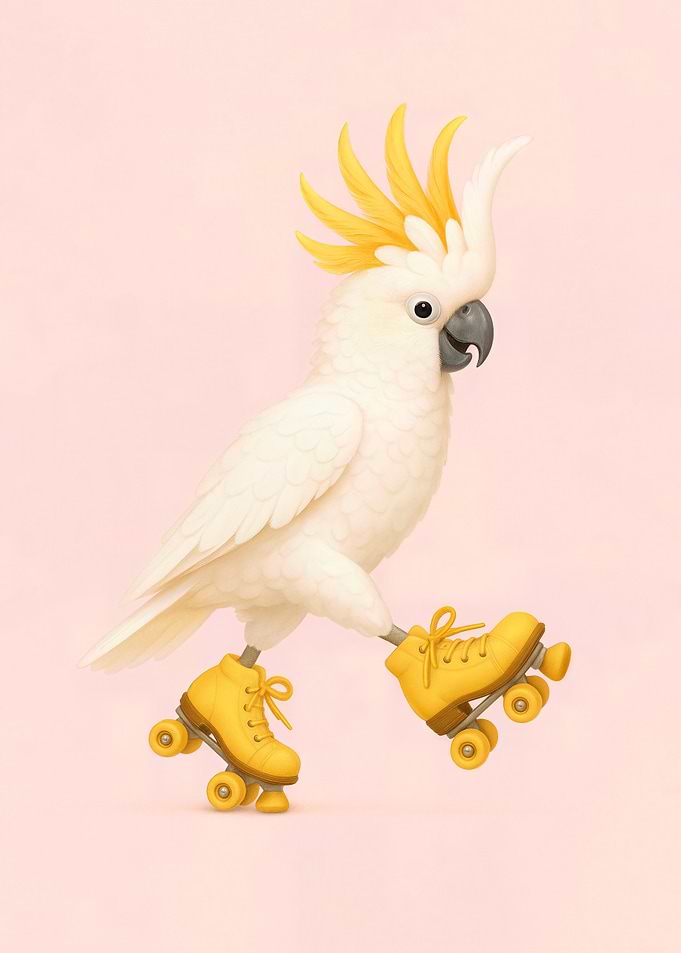 Yellow Cockatoo on Skates – Happy Tropical Bird Poster