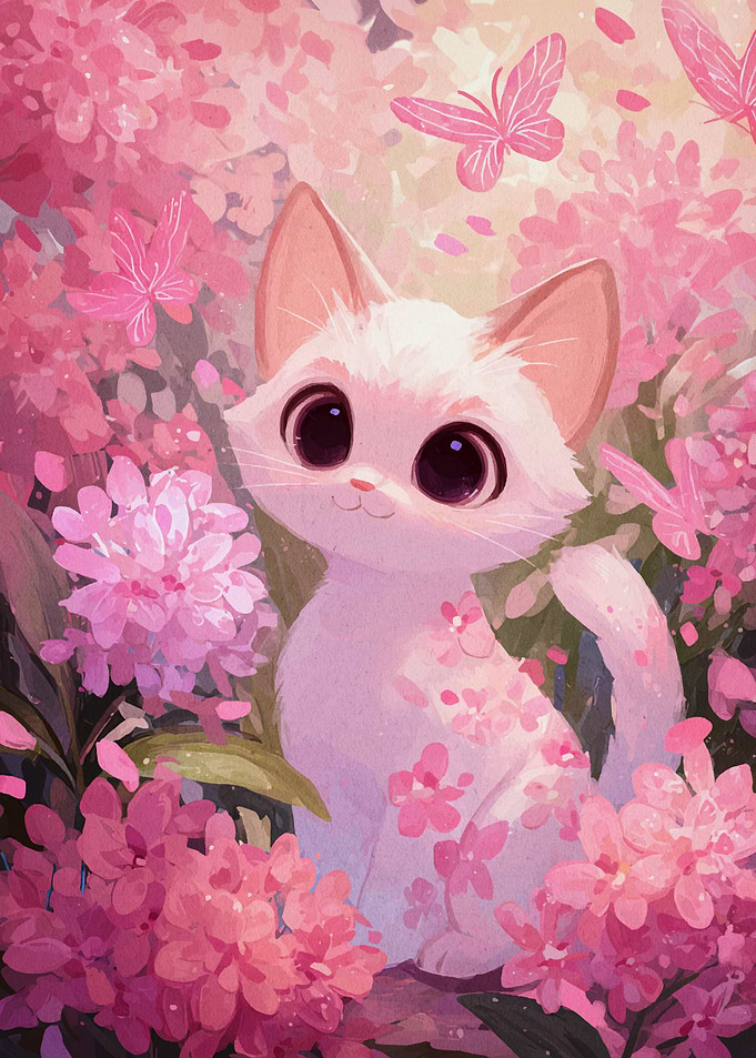 Cute Cat in Pink Floral Garden