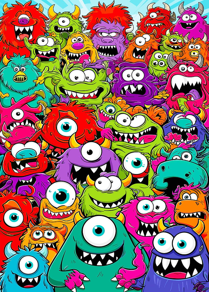 Colorful Monster Crowd Cartoon Illustration