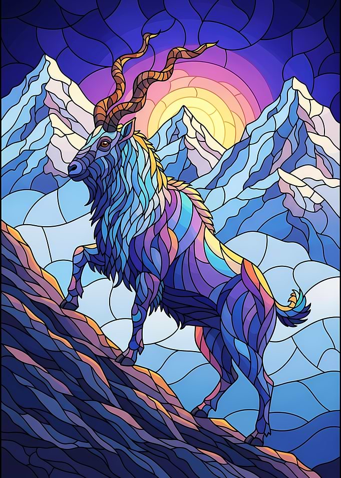 Stained Glass Mountain Goat Illustration