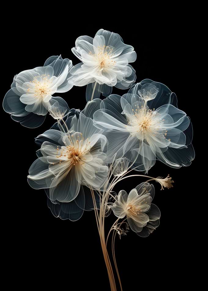 Translucent Floral Arrangement on Black Background