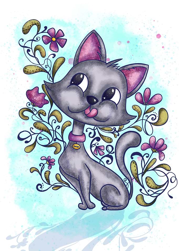 Cartoon Cat with Floral Background