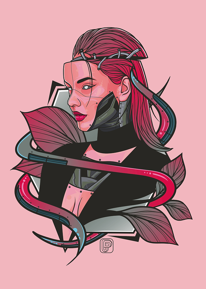 Cyberpunk Woman Portrait – Futuristic Floral Art